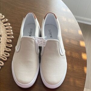 J. Crew Beige Canvas Slip-On Sneakers with Brown Heel Accent